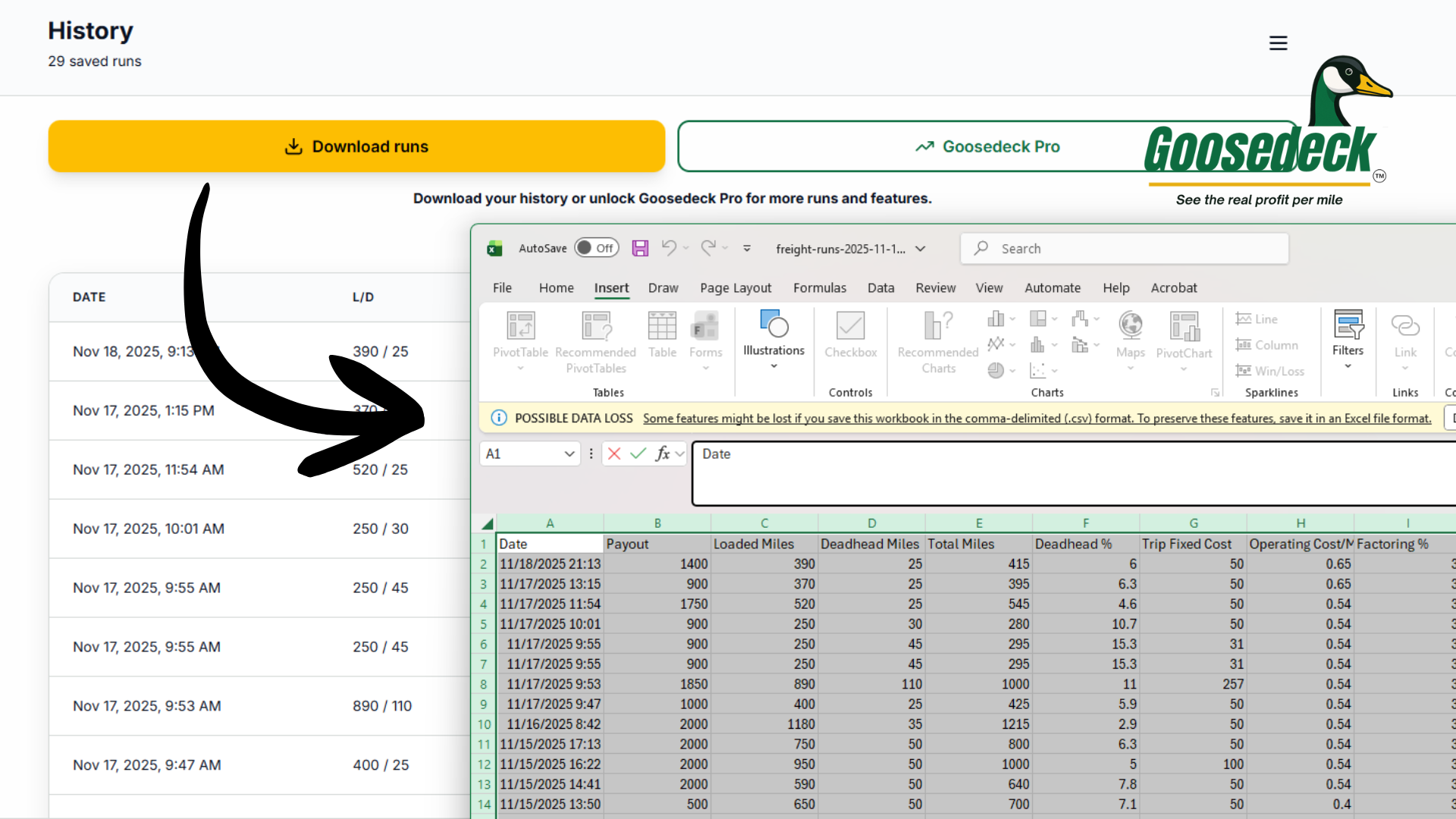 Download all your runs or loads to Excel with Goosedeck